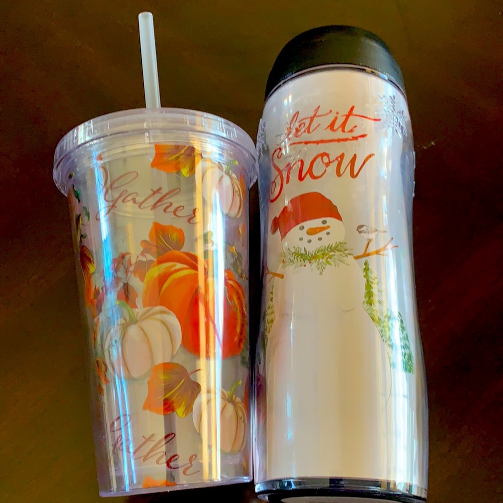Seasonal Let it Snow and Gather tumblers w/straws